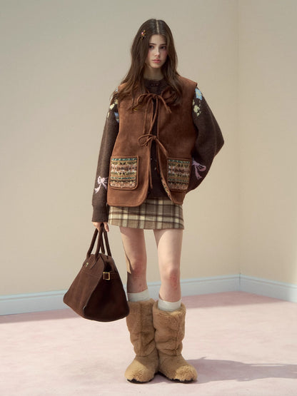 Mocha Fair Isle Reversible Tie-Front Shearling Vest