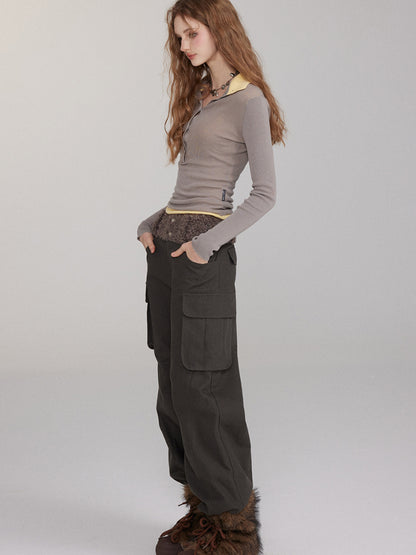 Patchwork Embroidered Pocket Cargo Pants