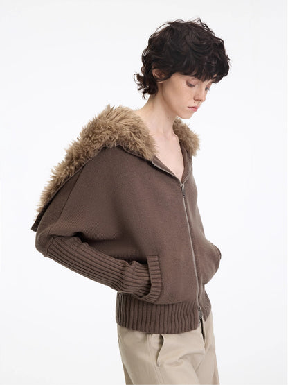 Wool-Blend Hooded Faux Fur Collar Knit Jacket