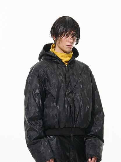 Dark Snake Pattern Short Hooded Puffer Jacket