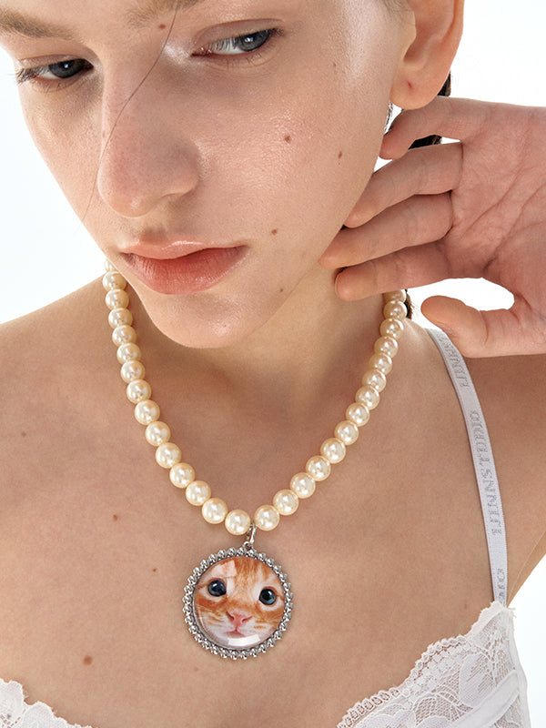 Cute Cat Face Pearl Necklace Choker