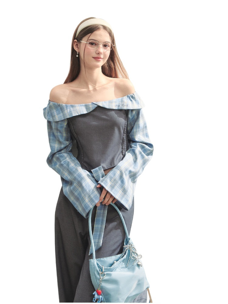 Plaid Spliced One-Shoulder Waist-Slimming Top &amp; Pants Set
