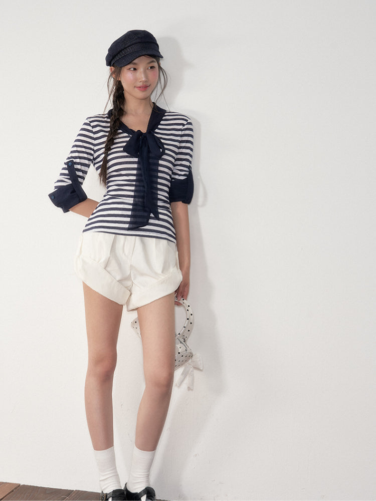 Soote Season Striped Ribbon Cuffed T-shirt - CHINASQUAD