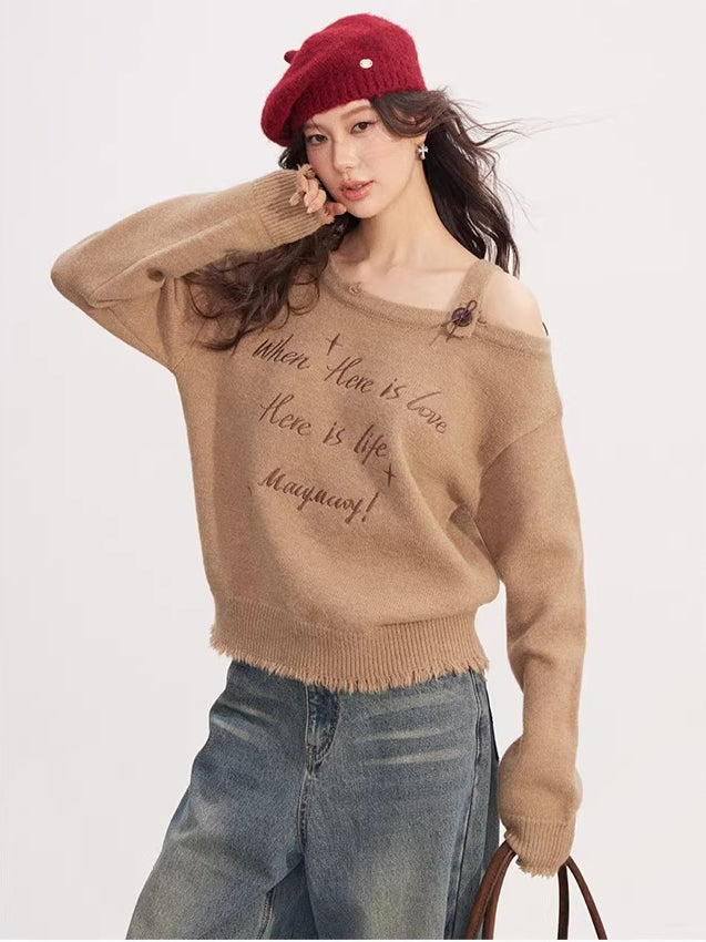 Deconstructed Off-Shoulder Embroidered Knit Sweater