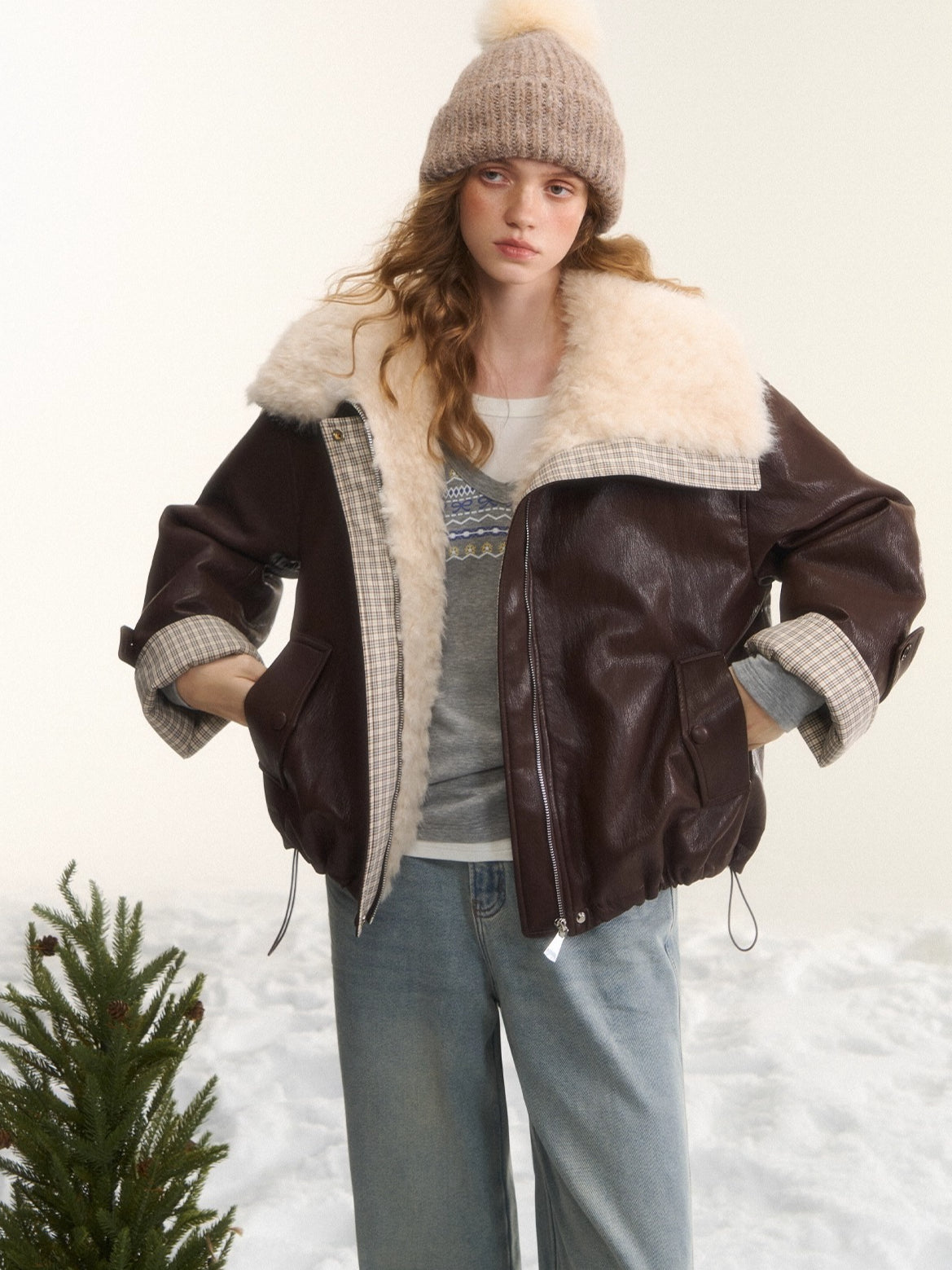 Faux-Fur Collar Down Leather Jacket