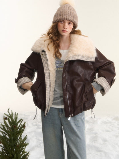 Faux-Fur Collar Down Leather Jacket
