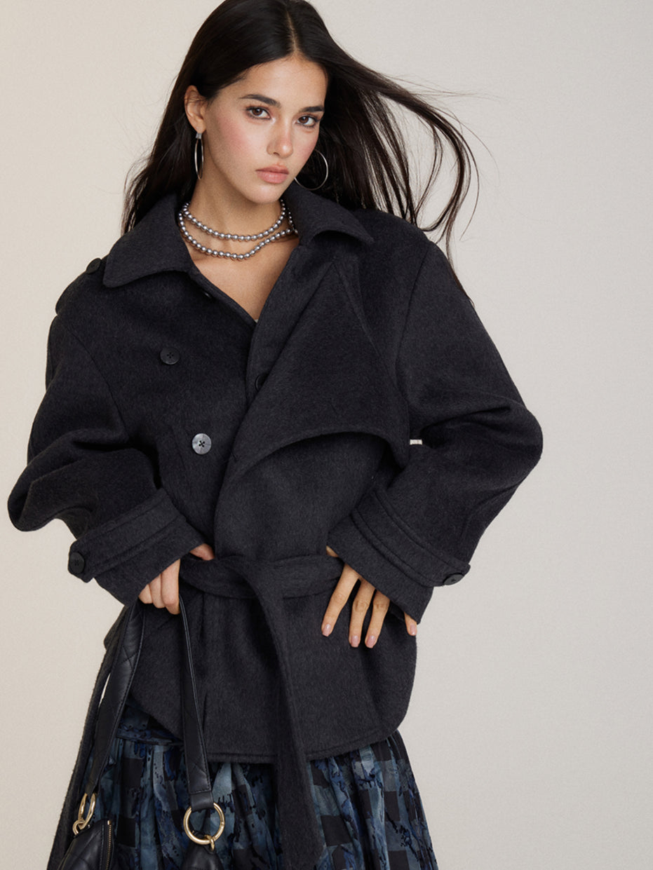 Faux Two-Piece Belted Layered Coat