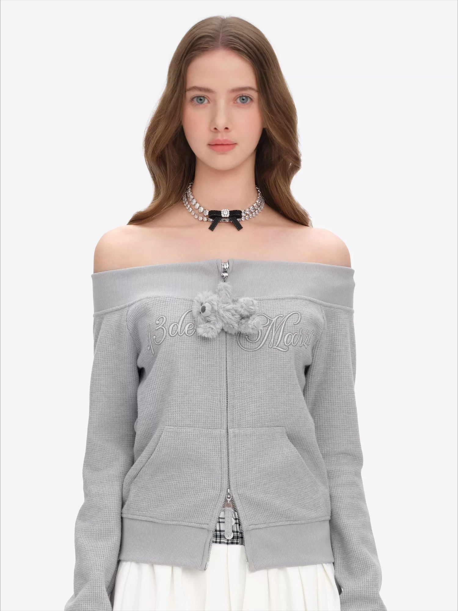 Shimmer Waffle Off-Shoulder Sweatshirt