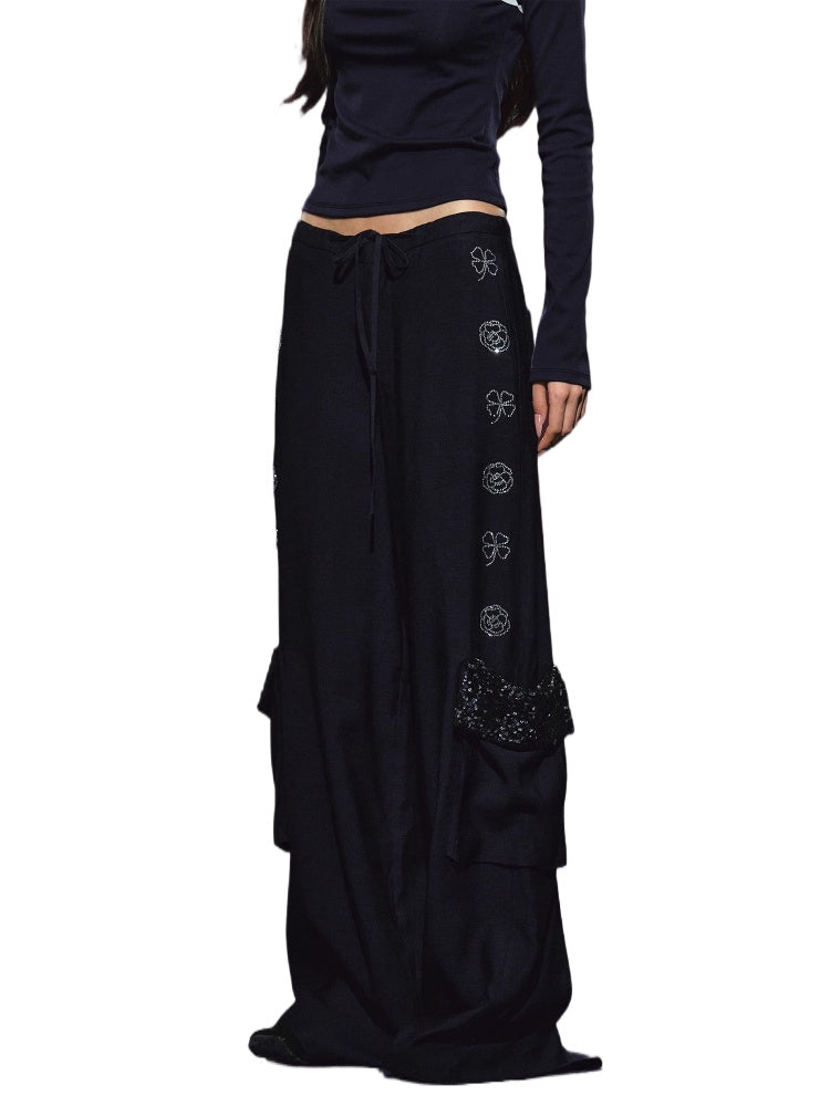 Rhinestone Pocket Drawstring Wide-Leg Pants - CHINASQUAD