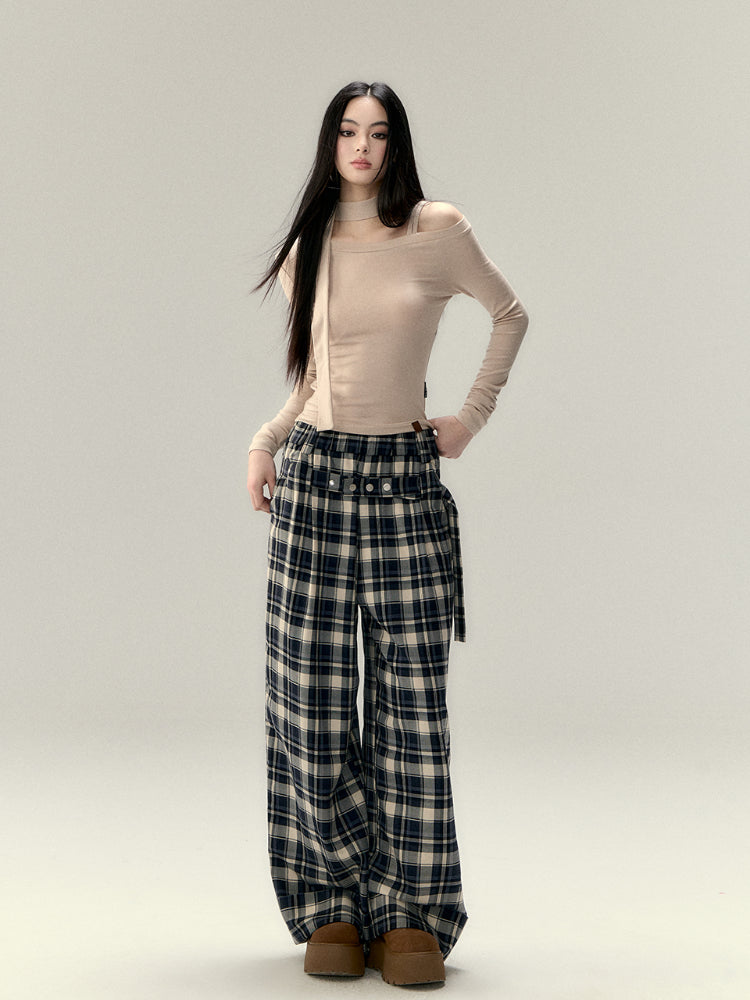 Pleated Belted Plaid Casual Pants