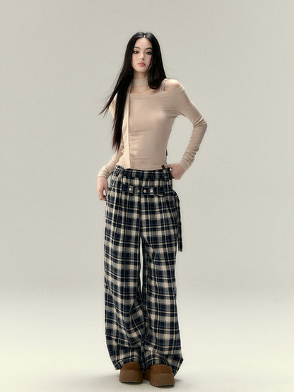 Pleated Belted Plaid Casual Pants