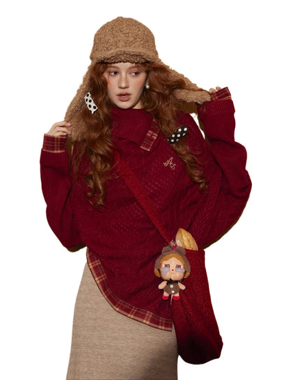 Plaid Patchwork Batwing Knit Turtleneck