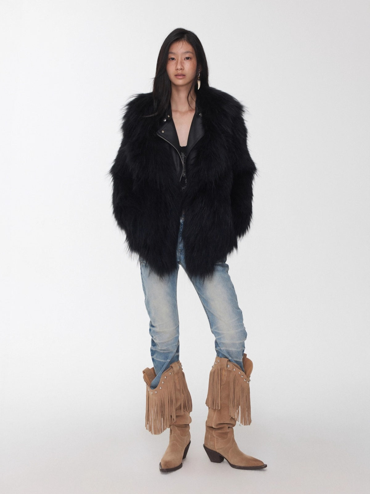Raccoon Fur Oversized Lapel Woven Coat