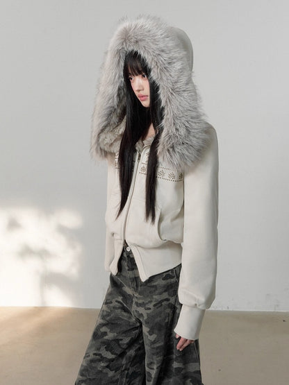 Vintage Rivet Embellished Fleece Hoodie Jacket