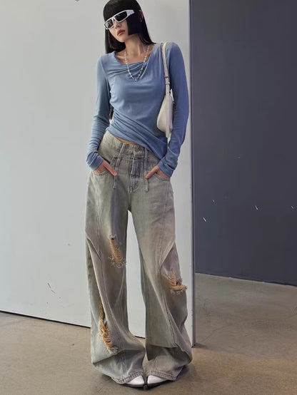 Washed Wide-Leg Denim Pants