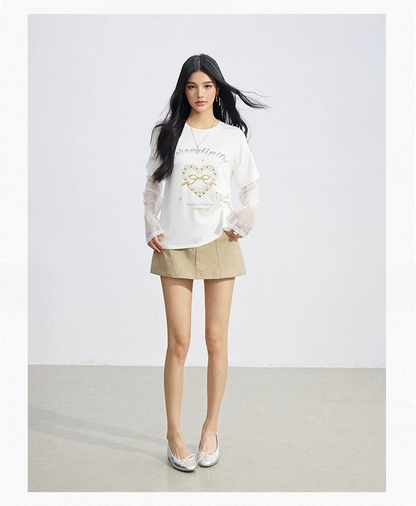 Lace Panel Sun Protection Graphic T-Shirt
