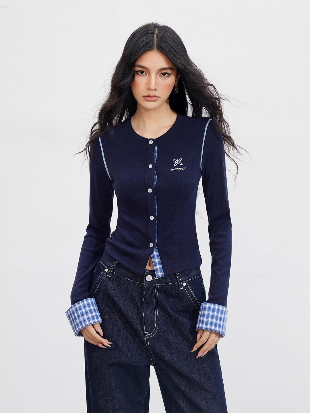 Plaid Embroidery Knit Cardigans