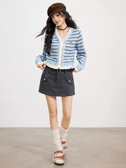 Striped Layered-Effect V-Neck Knit Cardigan