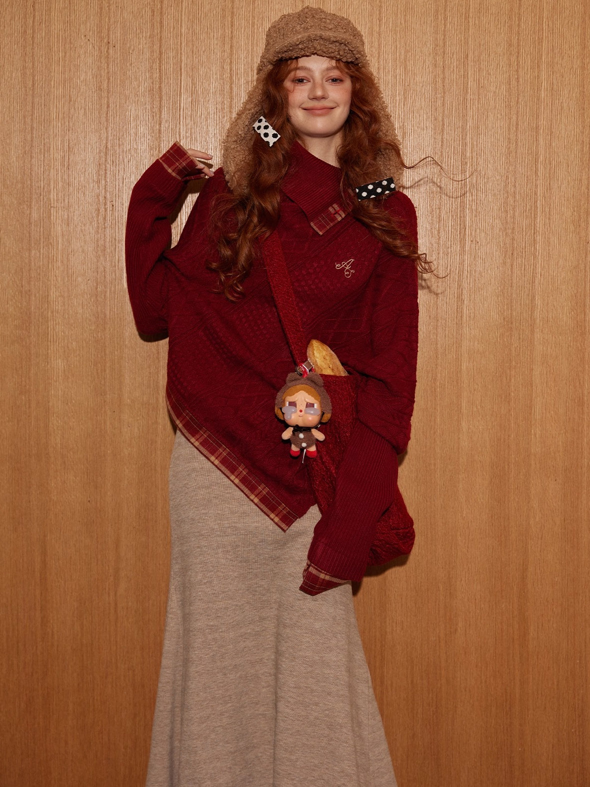 Plaid Patchwork Batwing Knit Turtleneck