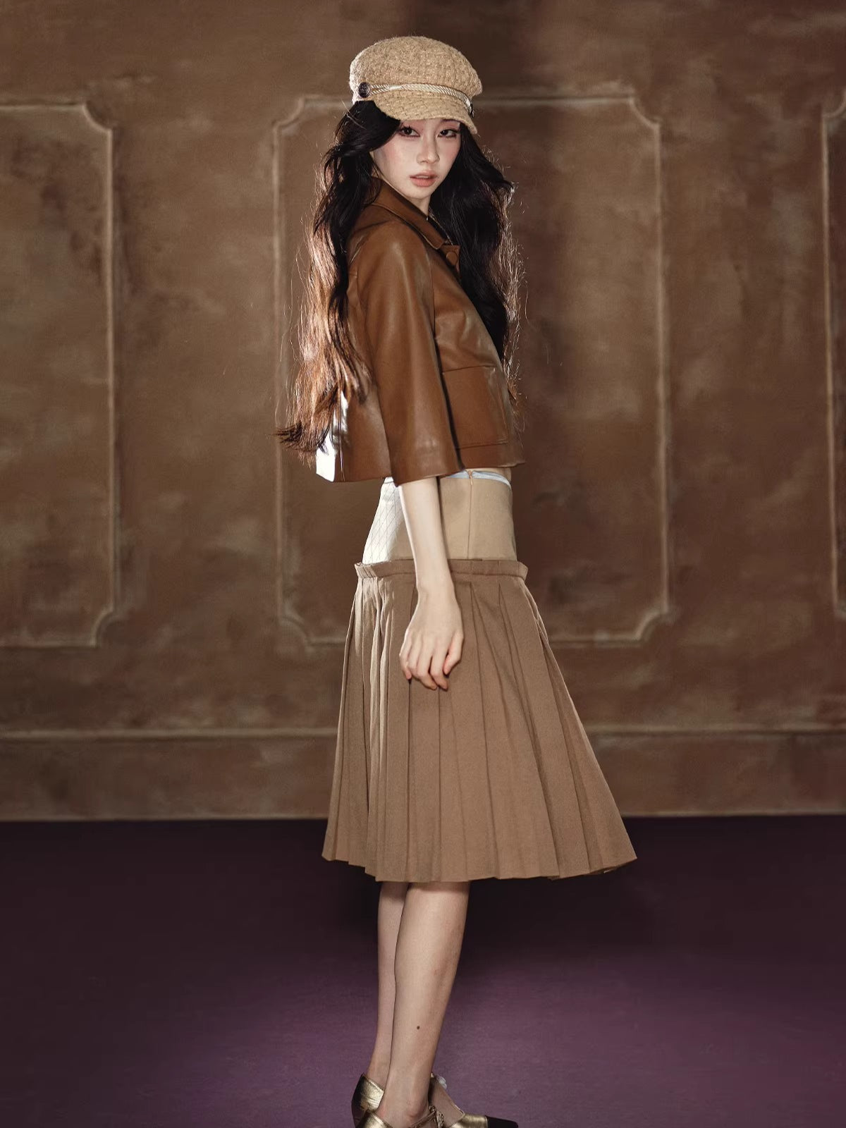 A-Line Skirt &amp; Cropped Sleeve PU Jacket Set