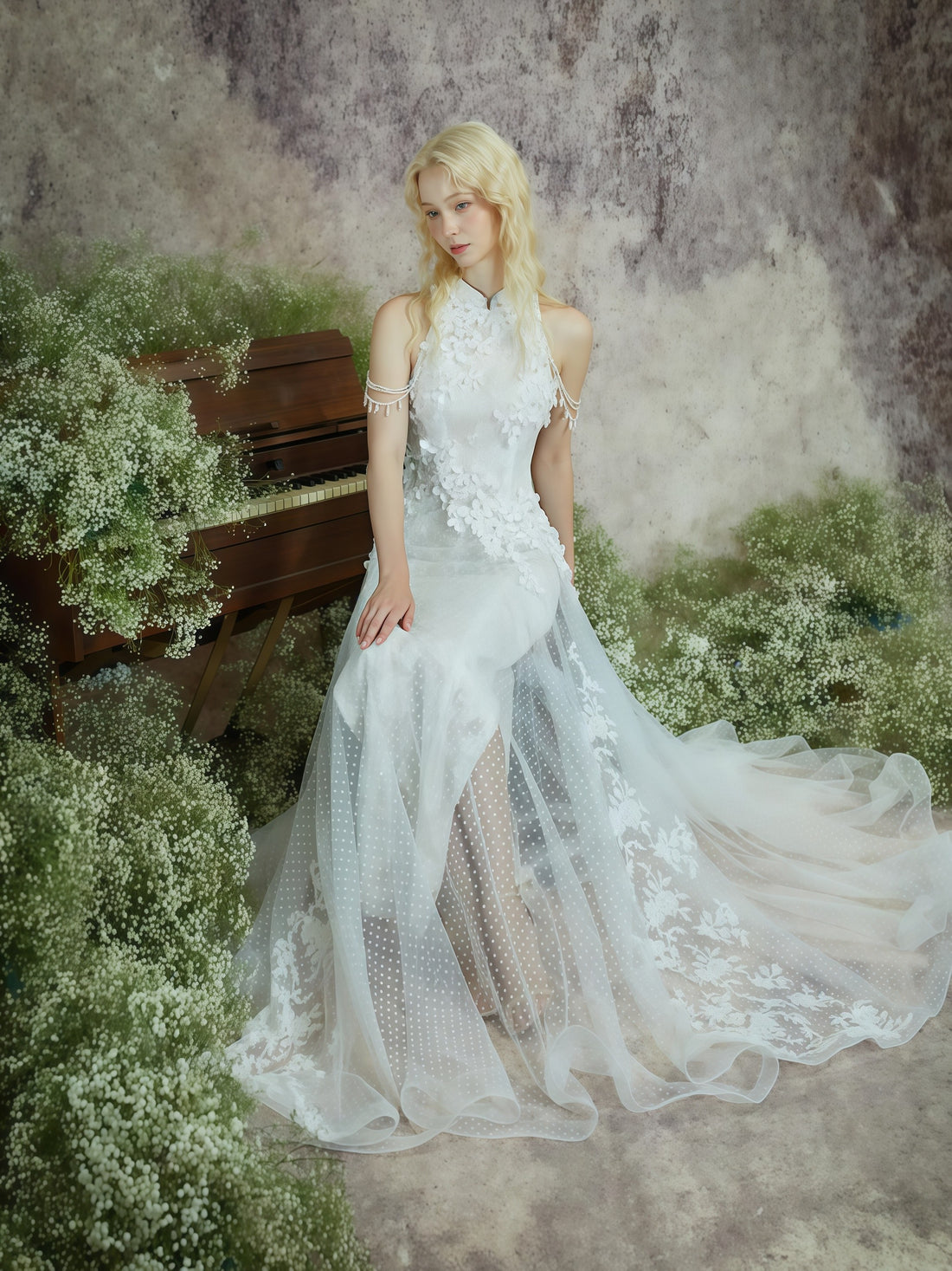 Ethereal Whisper Halter Embroidered Tulle Gown
