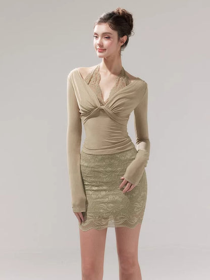 Lace Layered Knit Top &amp; Bodycon Mini Skirt Set