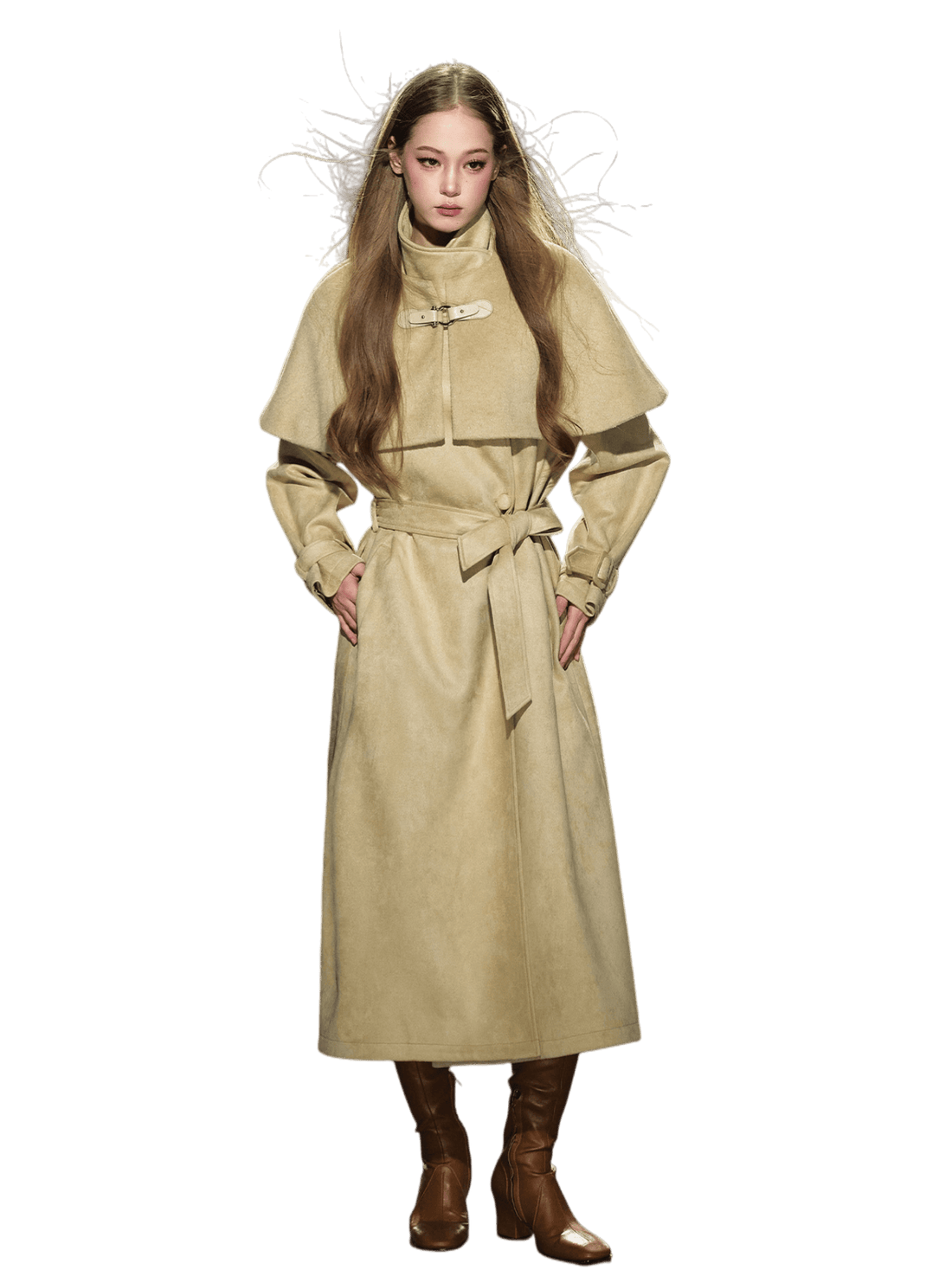 Shimmer Wool Cape Overlay &amp; Suede Long Detachable Belt Coat