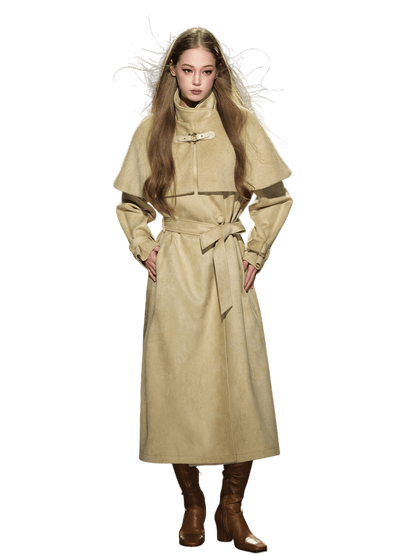 Shimmer Wool Cape Overlay &amp; Suede Long Detachable Belt Coat