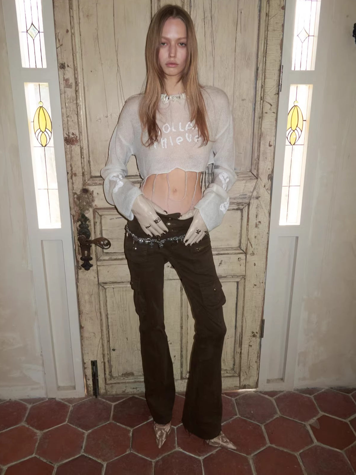 Washed Utility Low-Rise Flared Pants