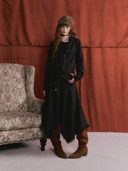 Vintage Plaid Beaded Tie-Scarf Shirt