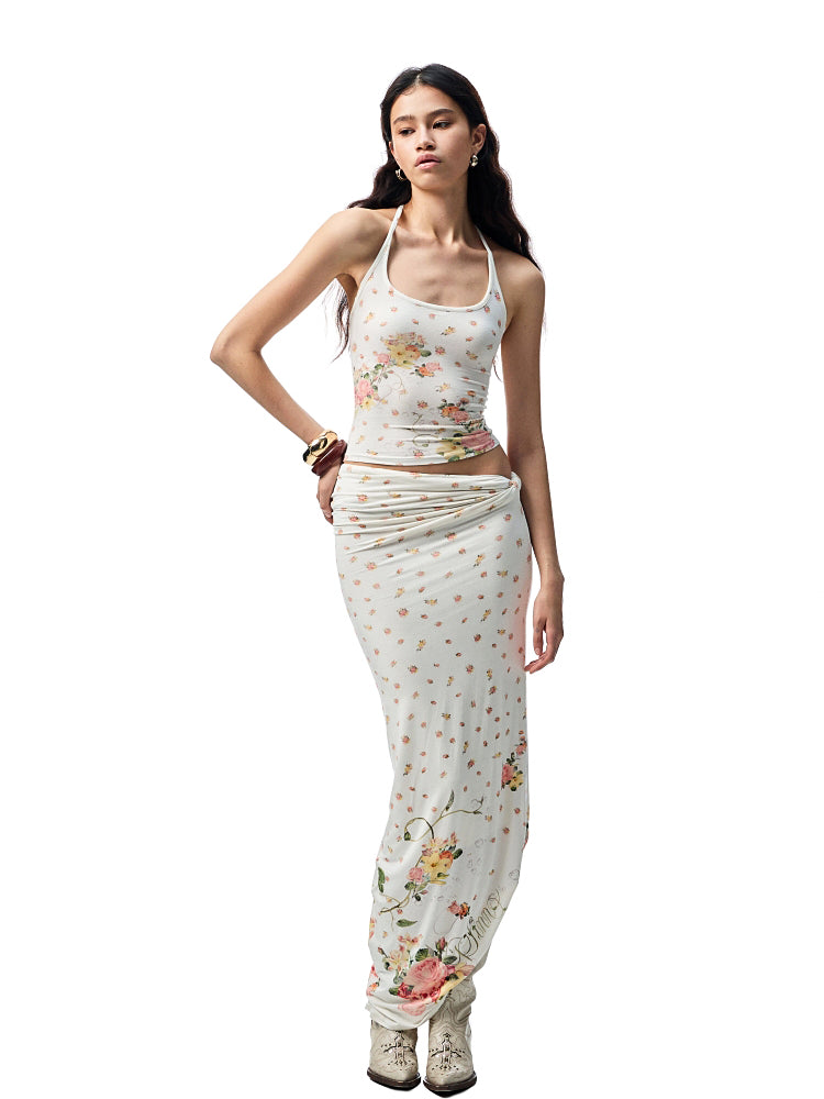 Floral All-Over Printed Big Round Neck Knotted Tank Top - CHINASQUAD