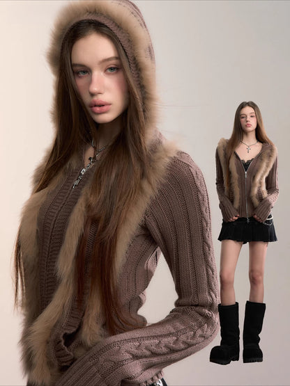 Fox Fur Trim Hooded Knit Cardigan