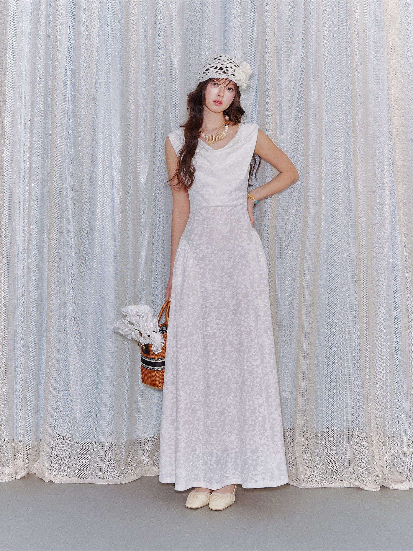 Lace Jacquard Waist-Cinched Maxi Dress