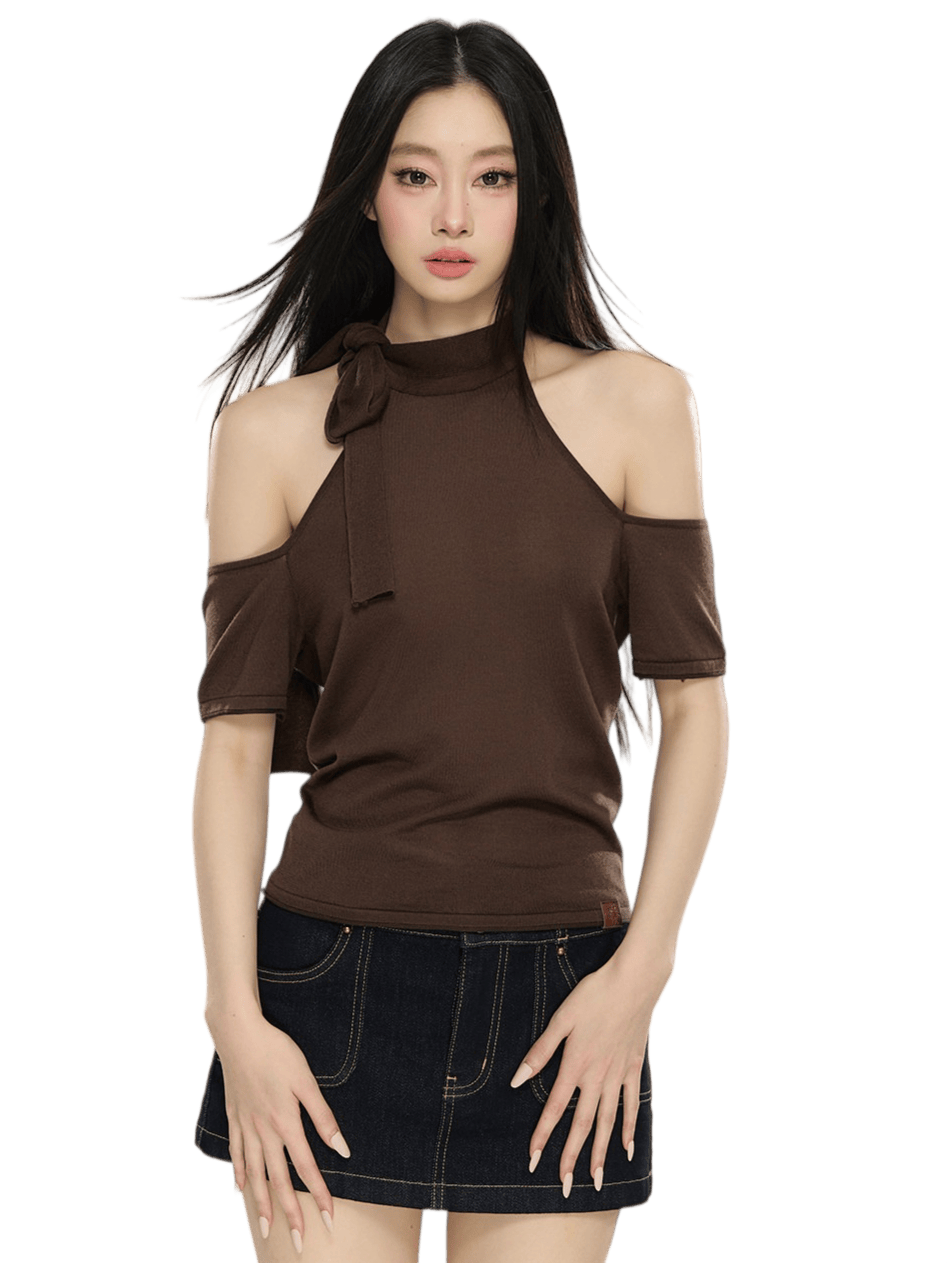 Off-Shoulder Patchwork Knit Cropped T-Shirt