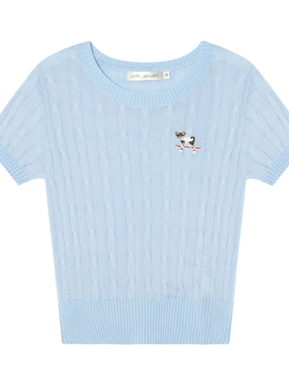 Puppy Embroidered Regular-shoulder Twist Knit T-shirt - CHINASQUAD