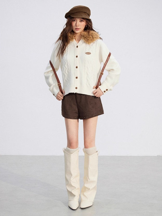 Detachable-Fur Cable-Knit Hoodie