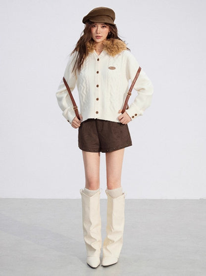 Detachable-Fur Cable-Knit Hoodie