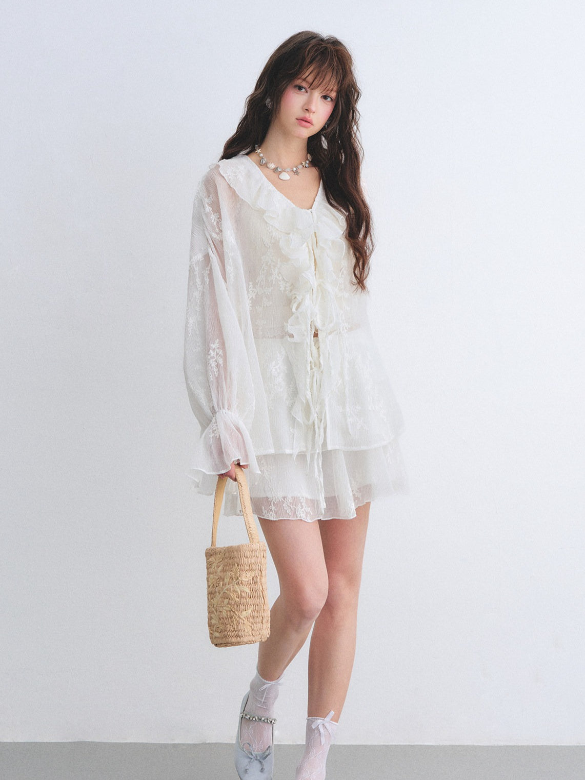 Embroidered Ruffle Chiffon Shirt &amp; Tiered Skirt Set