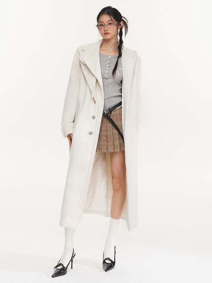 Cream Double-Breasted Leather Strap Wool Coat