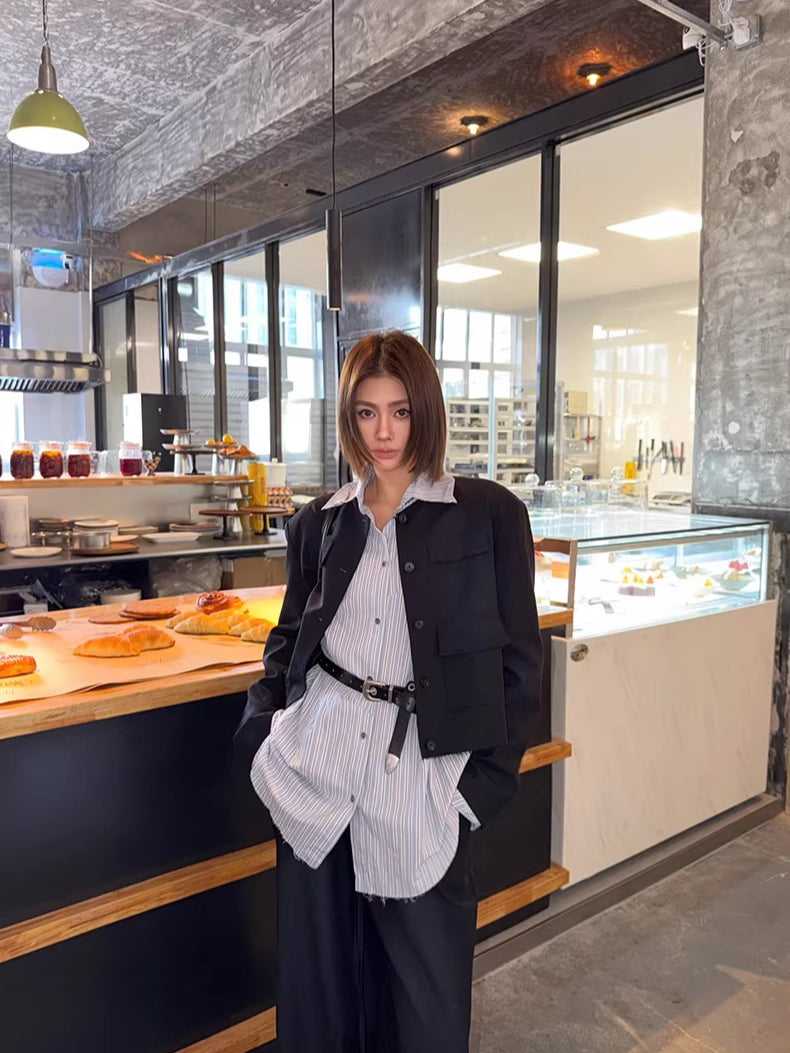 Asymmetric Pleated Stripe Cotton Shirt