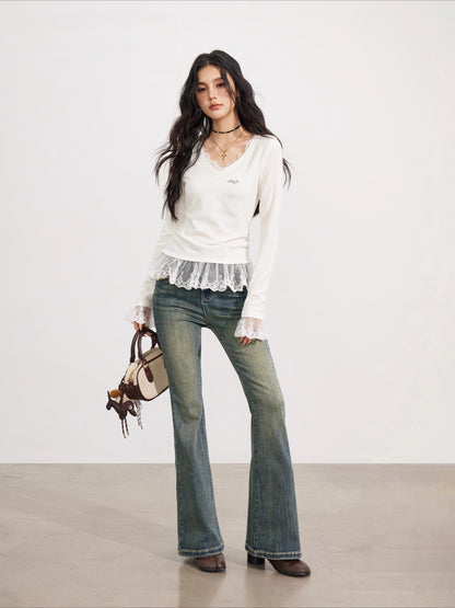 Lace Panel V-Neck Slim-Fit Long Sleeve T-Shirt