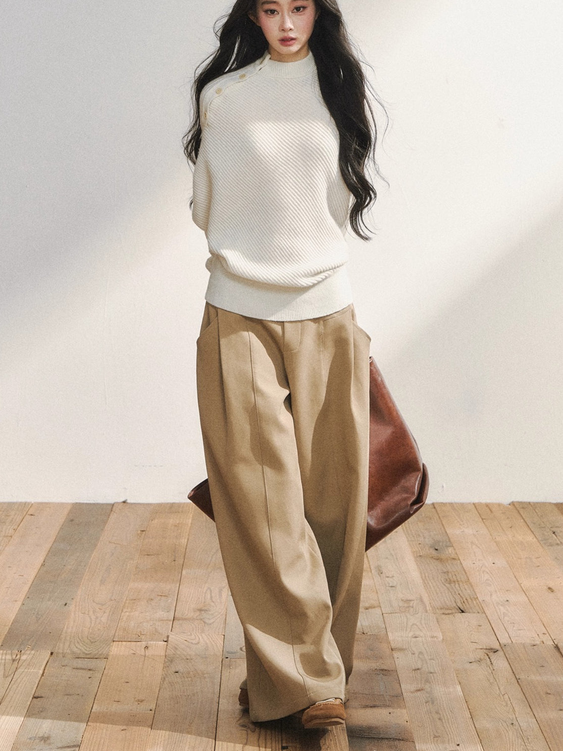 Khaki Tailored Low-Waist Wide-Leg Trousers