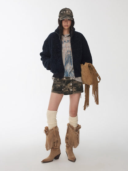 Distressed Fleece Zip-Up Cropped Jacket