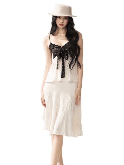 Polka Dot Camisole & Bow Detail Midi Skirt Set