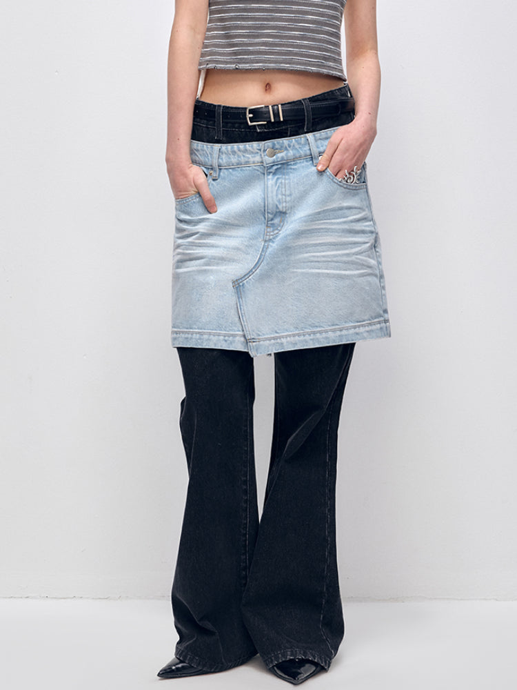 Color Block PatchworkFake Two-Piece Denim Flared Skirt Pants