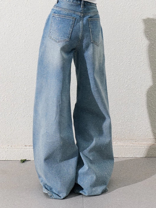 Cotton Silver-Splatter Wide-Leg Jeans
