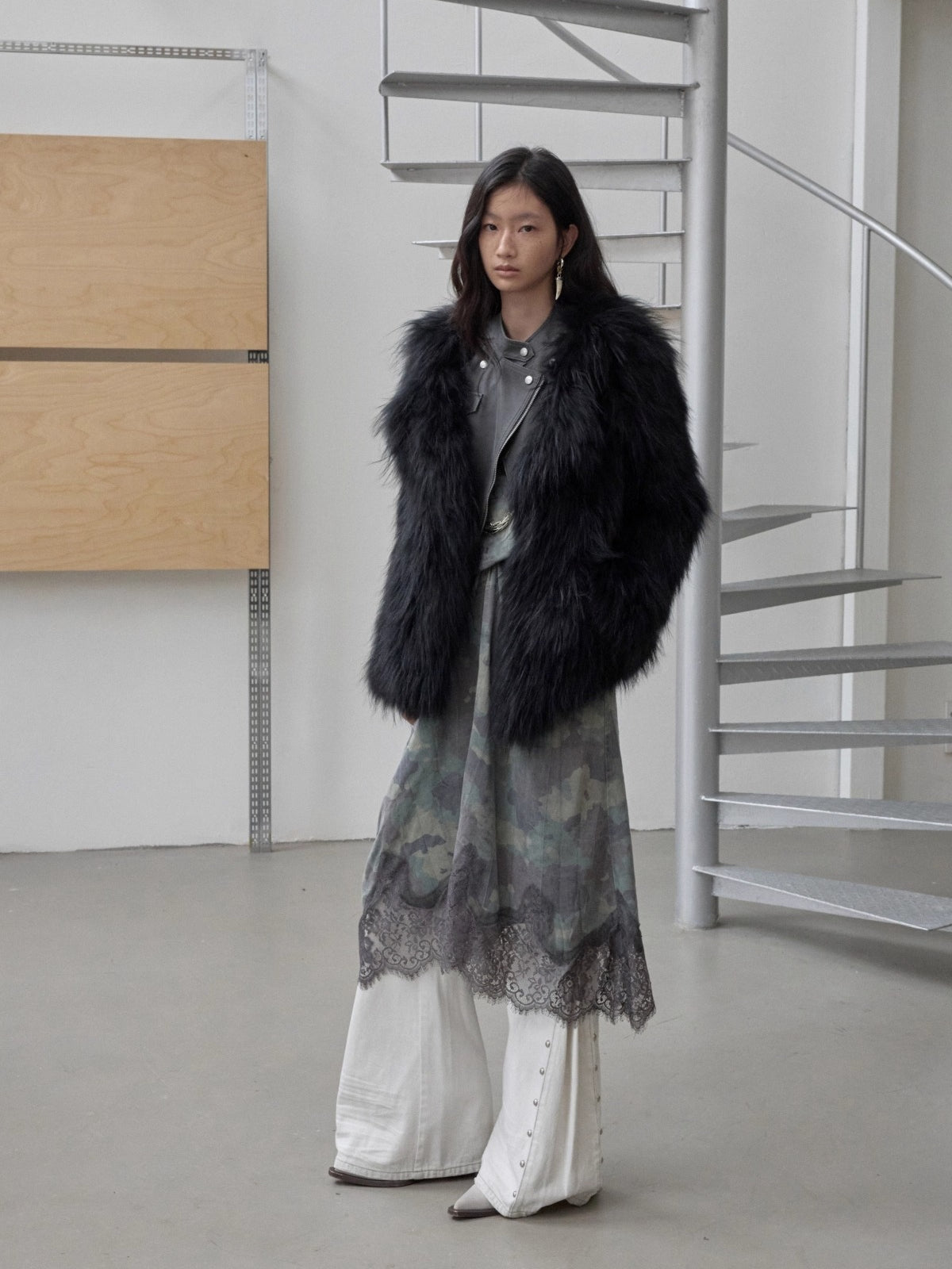 Raccoon Fur Oversized Lapel Woven Coat