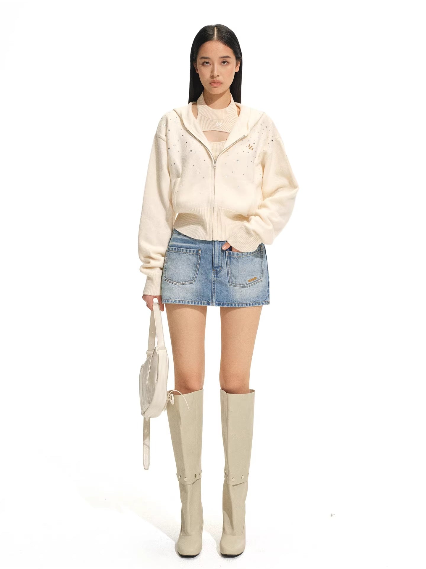 Stardust Gradient Rhinestone Hooded Knit Cardigan