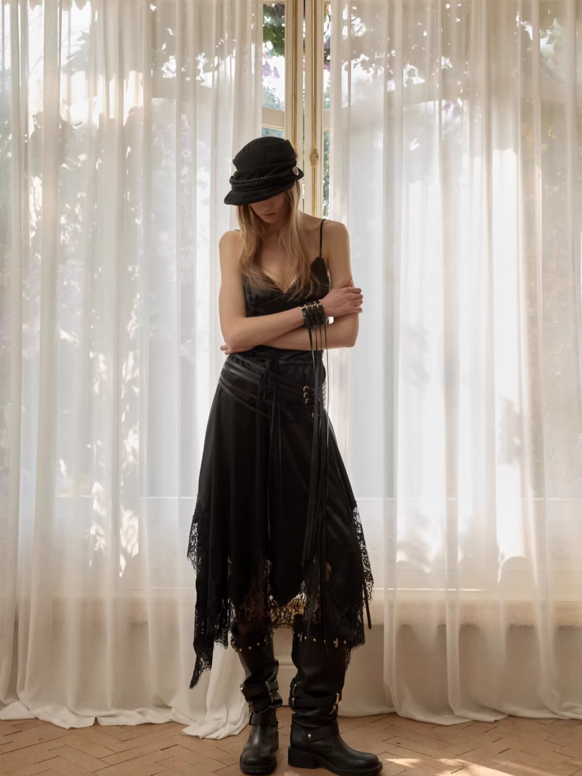 Lace Patchwork Plaid V-Neck Slip Dress