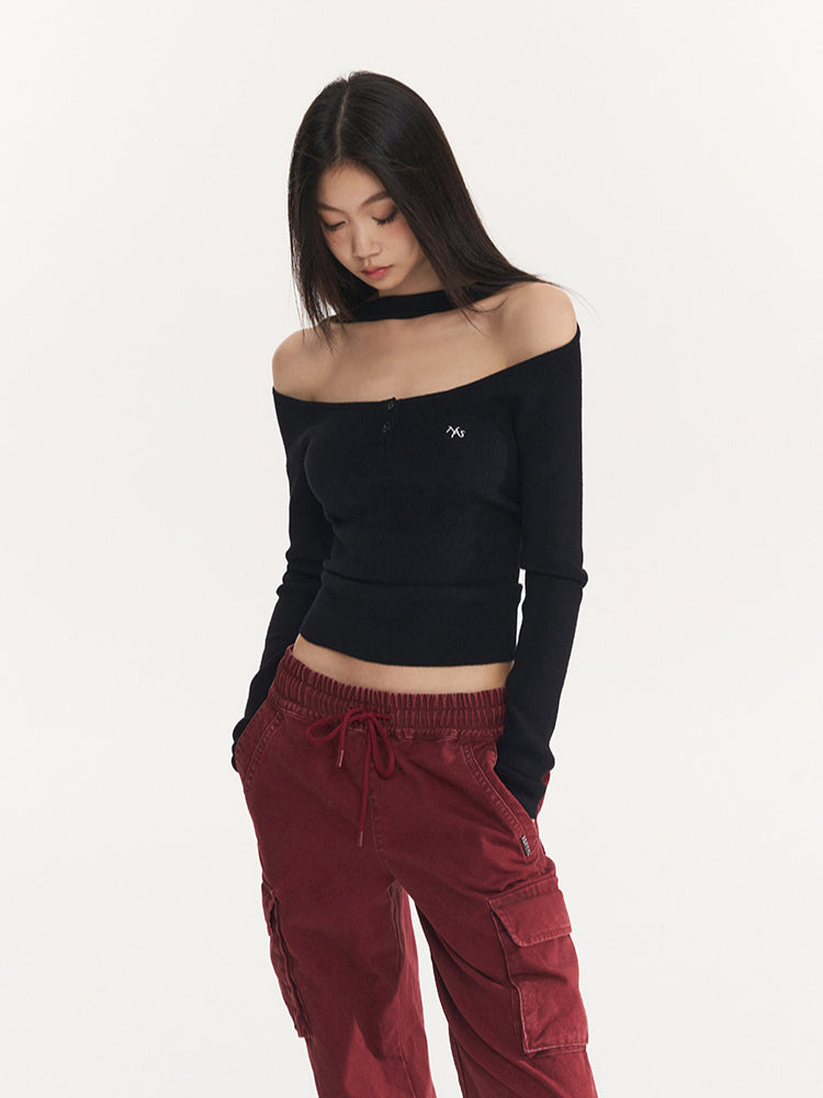 Black Halter Off-shoulder Knit Top